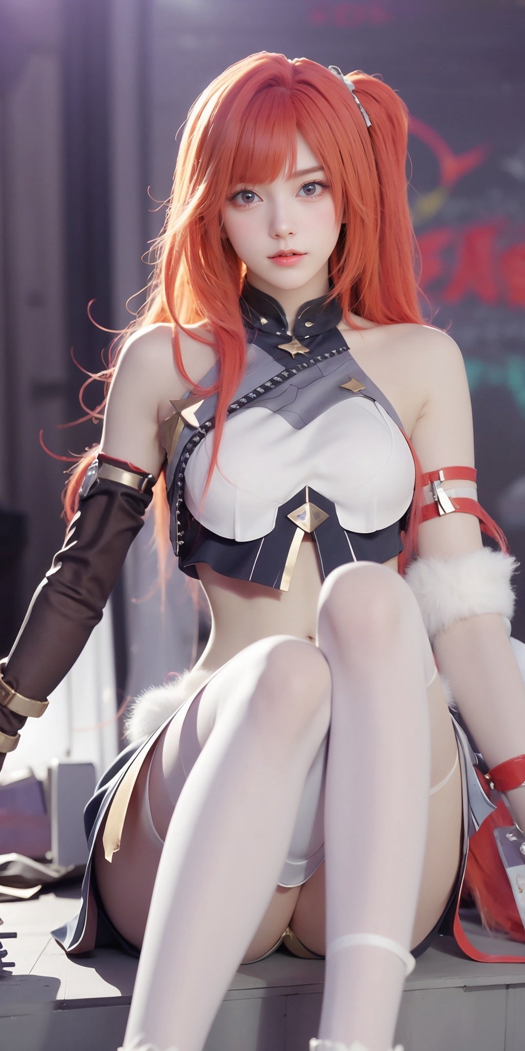 <lora:XNDY_20240201144655-000005:0.75>,XNDY,1girl,solo,blue eyes,navel,orange hair,midriff,long hair,looking at viewer,red hair,cosplay,skirt,crop top,one side up,blurry background,side ponytail,thighhighs,detached sleeves,realistic,bangs,bare shoulders,white pantyhose,boots,black footwear,fur trim,white thighhighs,pleated skirt,shirt,pom pom \(clothes\),black shorts,white shirt,sleeveless shirt,<lora:MHB:0.2>,, (raw photo:1.2),((photorealistic:1.4))best quality,masterpiece,illustration,an extremely delicate and beautiful,extremely detailed,CG,unity,8k wallpaper,Amazing,finely detail,masterpiece,best quality,official art,extremely detailed CG unity 8k wallpaper,absurdres,incredibly absurdres,huge filesize,ultra-detailed,highres,extremely detailed,beautiful detailed girl,cinematic lighting,1girl,pale skin,tall female,(perfect body shape),skinny body,Slender legs,, pale skin,tall man,long legs,thin leg,