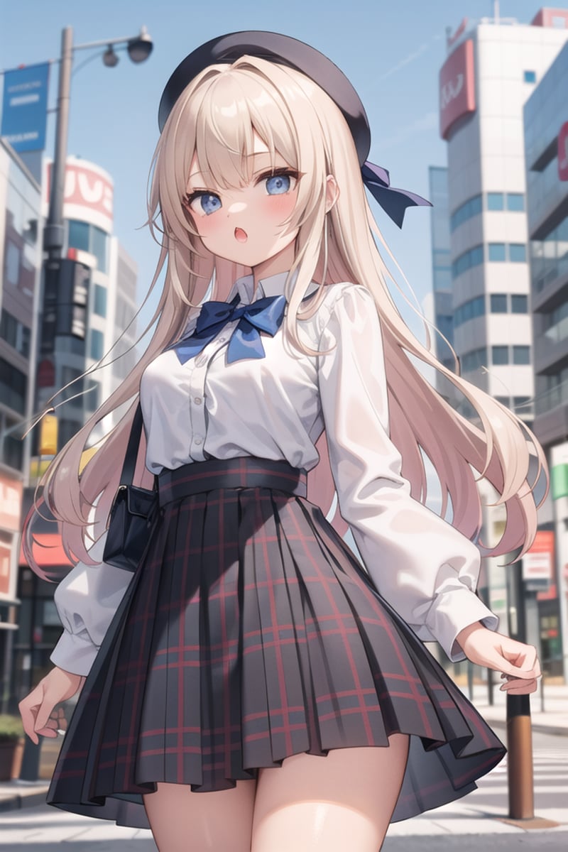 <lora:chestnutmouth_v100:1>insanely detailed, absurdres, ultra-highres, ultra-detailed, best quality,1girl, solo, nice hands, perfect handsBREAKjirai kei,plaid skirt, shirt, long sleeves, bow, blue skirt, white shoulder frilly shirt, outdoors, blue bow, long hairBREAK(nsfw:-1.5)BREAKexpressionless, open mouthBREAKfrom below,standing, cowboy shot, looking at viewerBREAKslender, kawaii, perfect symmetrical face, ultra cute girl, ultra cute face, ultra detailed eyes, ultra detailed hair, ultra cute, ultra beautifulBREAKin street, cityscape in shibuya, depth of field, ultra detailed backgroundBREAKmedium breastsBREAKblonde hair, blue eyes, long hair, 