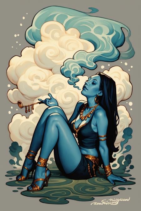 score_9, score_8_up, score_7_up,   art, jewelry, solo, smoke, blue skin, earrings, necklace, colored skin, closed eyes , full body,  long hair, <lora:Rockin_Jelly_Bean_PonyXL_dim32-000050:1>