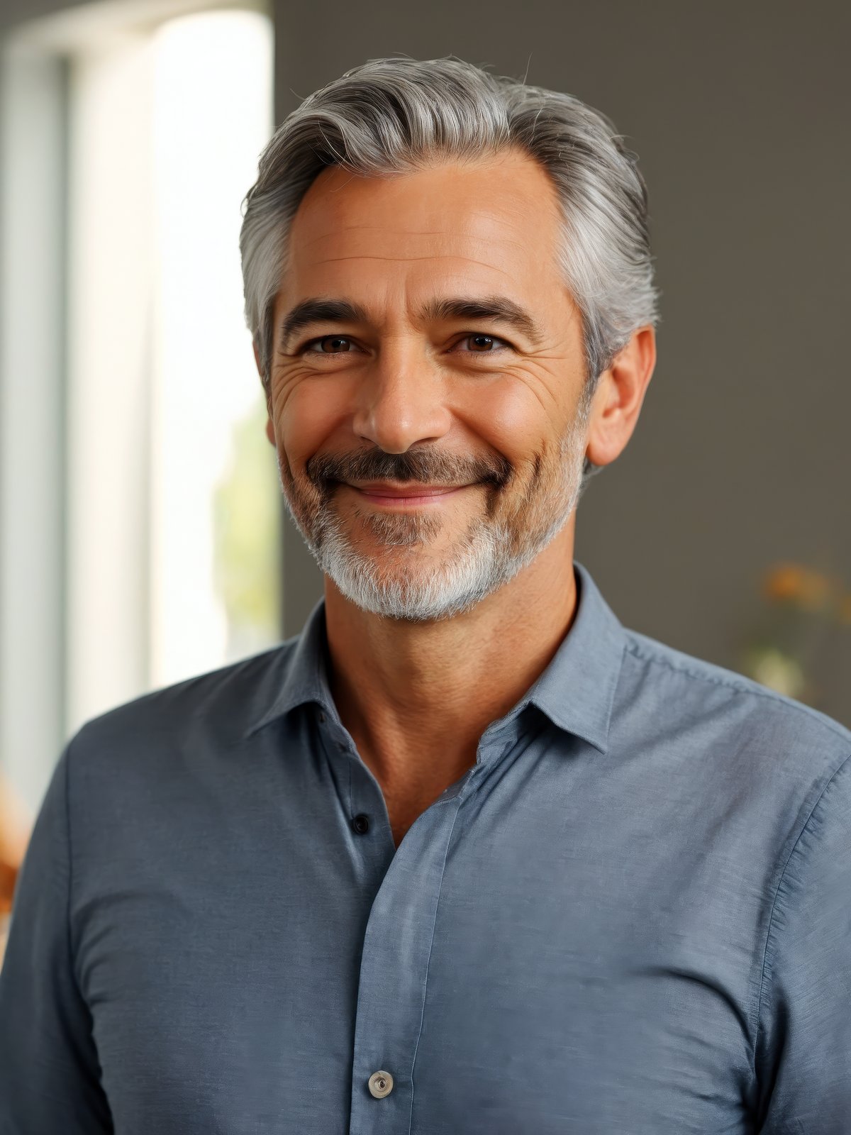 medium shot, solo, photo of a man, grey hair, smiling, standing, (sharp focus, highly detailed, 4k, 8k, best quality, masterpiece, ultra highres:1)