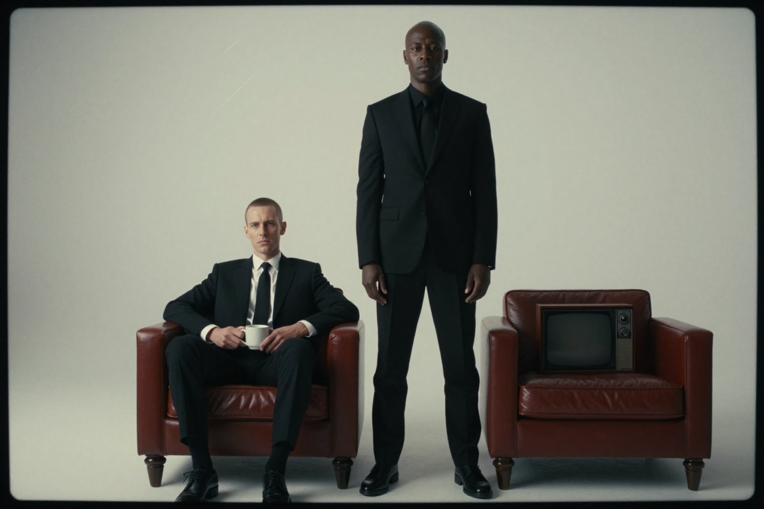 cinematic film still of photorealistic:1,  cinematic film color style a bald head black man standing next to a dark red le...