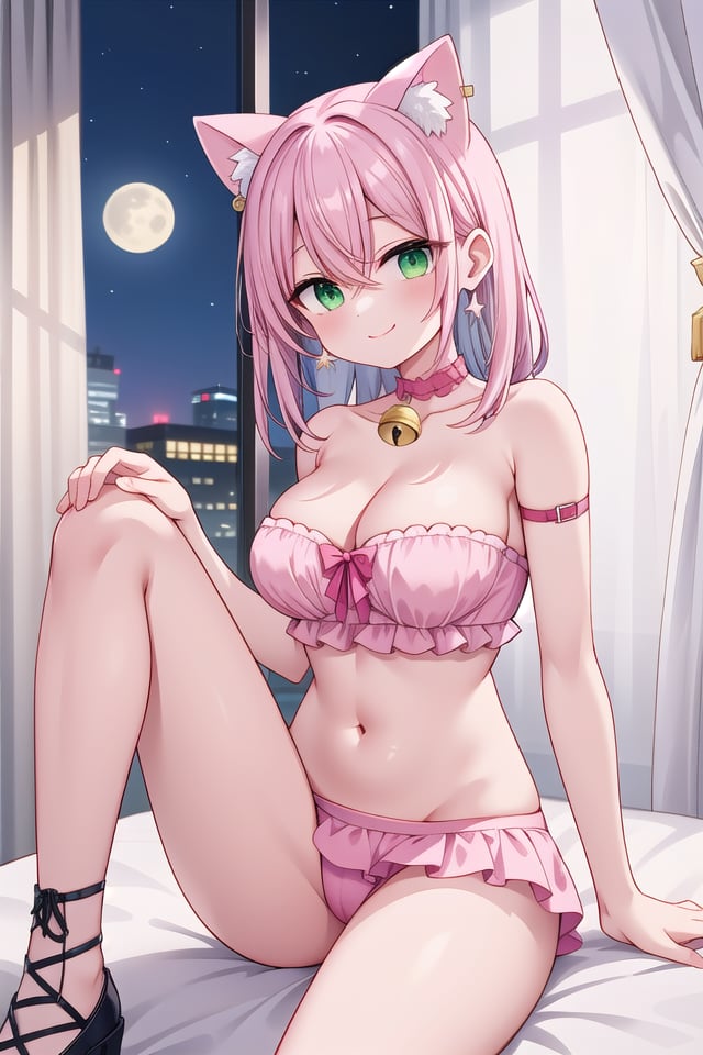 insanely detailed, absurdres, ultra-highres, ultra-detailed, best quality,1girl, solo, nice hands, perfect handsBREAK(nipples:-1), (pink and white theme:1.5), (fake pink cat ears:1.4), (tweed pink strapless short camisole with lace-up:1.4), ((bare shoulder, navel, bare belly):1.3),(shoulder strap with ruffles:1.4), (tweed micro pink tiered skirt with ruffles:1.4), (white pantyhose:1.2), (pink choker with bell:1.3),(earrings with bell:1.2), (pink heeled pumps:1.1),(nsfw:-1), (See-through:-1), (tail:-1), (cat:-1), (black camisole:-1), (white camisole:-1),(black skirt:-1), (white skirt:-1), (dark color pantyhose:-1), (long skirt:-1), (sleeve:-1)BREAKhappy smile, laugh, closed mouth,(sitting on bed), seductive pose, cowboy shot, from below,BREAKslender, kawaii, perfect symmetrical face, ultra cute girl, ultra cute face, ultra detailed eyes, ultra detailed hair, ultra cute, ultra beautifulBREAKindoors, elegant hotel room, bedroom, window, (day:-1), (night:1.3), star, moon, cityscape, (closed curtains:1.2), girlish room,warm lighting, moodie lighting, weak rim light, intensive shadow,cinematic light, indirect lighting, evening light, depth of field, ultra detailed backgroundBREAKlarge breasts, cleavage, extremely detailed navelBREAKgrey hair, green eyes, flipped hair, hair between eyes