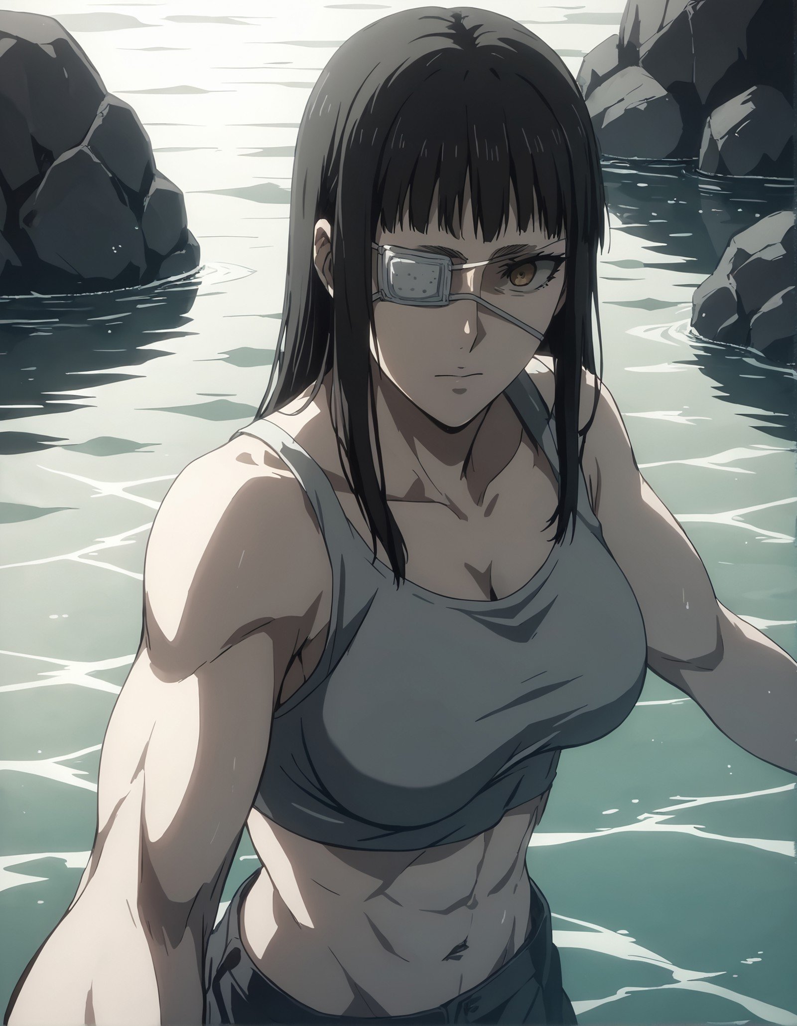 score_9, score_8_up, score_7_up,score_6_up,high resolution,source_anime,s0fiavalm3t,1girl,eyepatch,black hair,long hair,,water,rocks,volumetric lighting,rim lighting,dof,dramatic shadow,upper body,dynamic pose,looking at viewer,pov,suspended in air