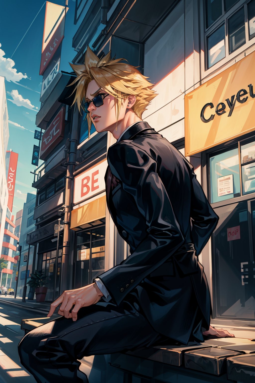 masterpiece, best quality, cloud strife, tuxedo, black tie, sunglasses, sitting, city street<lora:cloudstrife-nvwls-v1-000010:1.0>