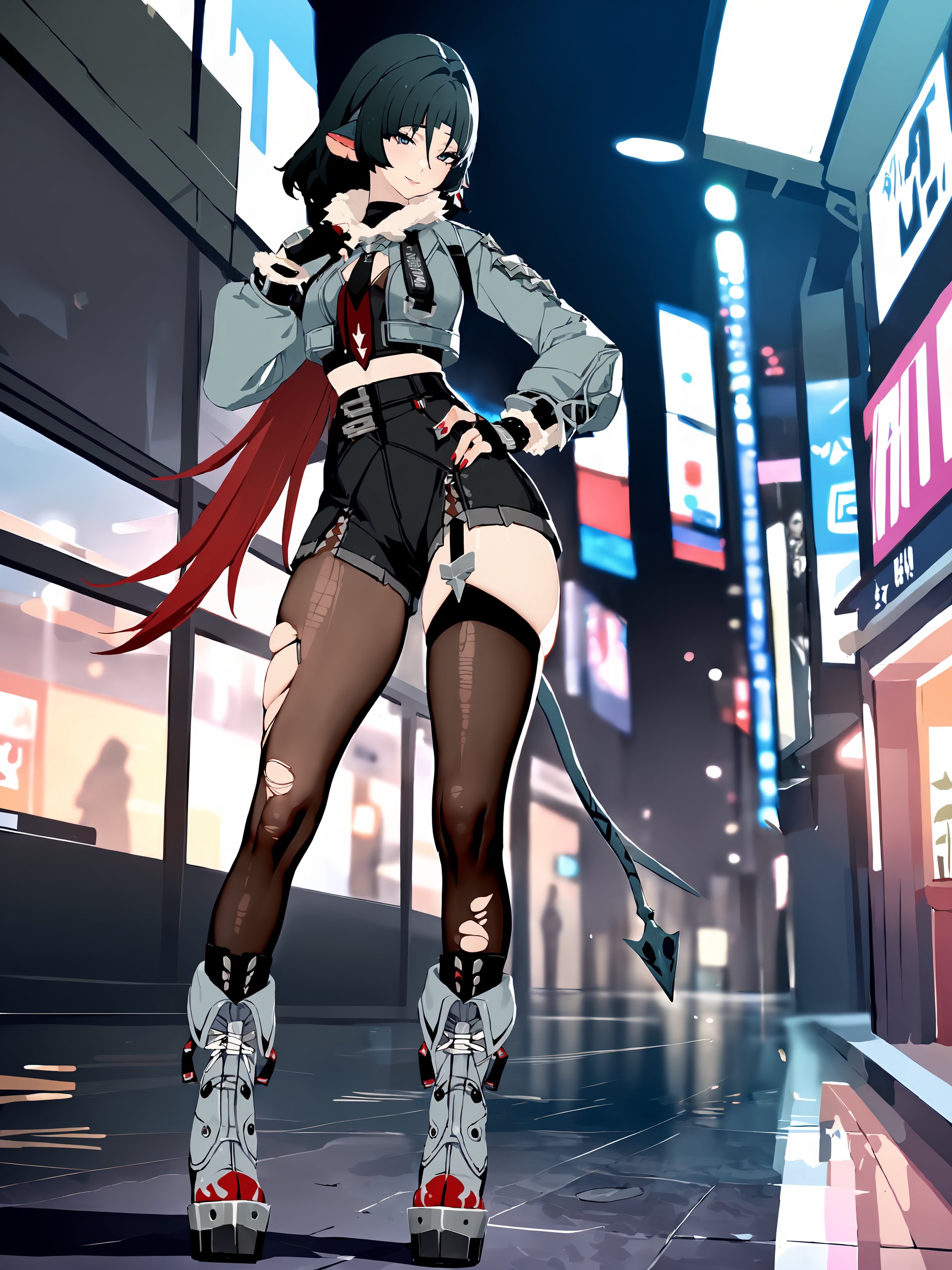 1girl, jane doe \(zenless zone zero\), fingerless gloves, black shorts, tail, cropped jacket, single garter strap, single leg pantyhose, single thighhigh, necktie, long hair, platform boots, full body, standing, seductive smile , looking at viewer, hand on hip, outdoors, street <lora:Char-ZZZ-JaneDoe-V1-XL:1> <lora:XL-tool-extremely_detailed:1> solo, extremely detailed, masterpiece, best quality, perfect features, intricate details, ray tracing, very aesthetic, (hitenkei, askzy:0.4)