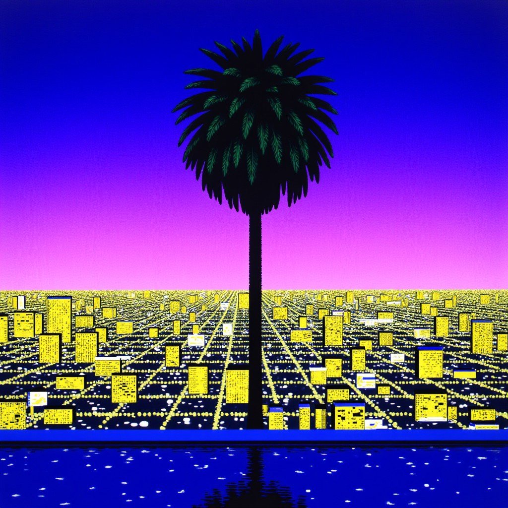 This is a digital illustration depicting a serene, nighttime cityscape viewed from a high vantage point. The central focus is a tall, slender palm tree with a dense, green crown, positioned in the center of the image. Below the palm tree, the sky transitions from a deep purple at the top to a lighter blue at the bottom, indicating the transition from dusk to night.In the background, the cityscape is illuminated by numerous yellow and white lights, creating a glowing, urban landscape. The lights are arranged in a grid-like pattern, suggesting a dense urban area. The buildings are depicted in simple, blocky shapes with minimal detailing, typical of pixel art or retro video game aesthetics. The foreground features a reflective pool or body of water at the bottom of the image, adding a sense of depth and reflecting the sky above.The overall style is reminiscent of 1980s and 1990s video game art, characterized by its use of limited colors and pixelated textures. The scene exudes a tranquil yet slightly nostalgic atmosphere, evoking a sense of calm and contemplation over the city below.