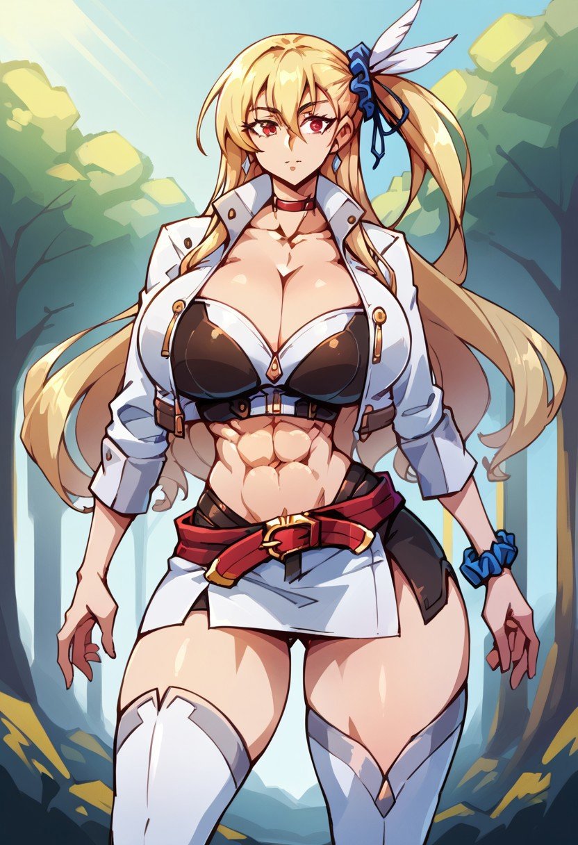 score_9, score_8_up, score_7_up, BREAK, sen3alisa, blonde hair, side ponytail, scrunchie, choker, white jacket, white dress, red belt, thigh boots, large breasts,torso, beautiful face, (revealing clothes), (tight outfit: 1.4), tall girl, abs, fit, huge bust, slut,forest background, breast implants, fake tits