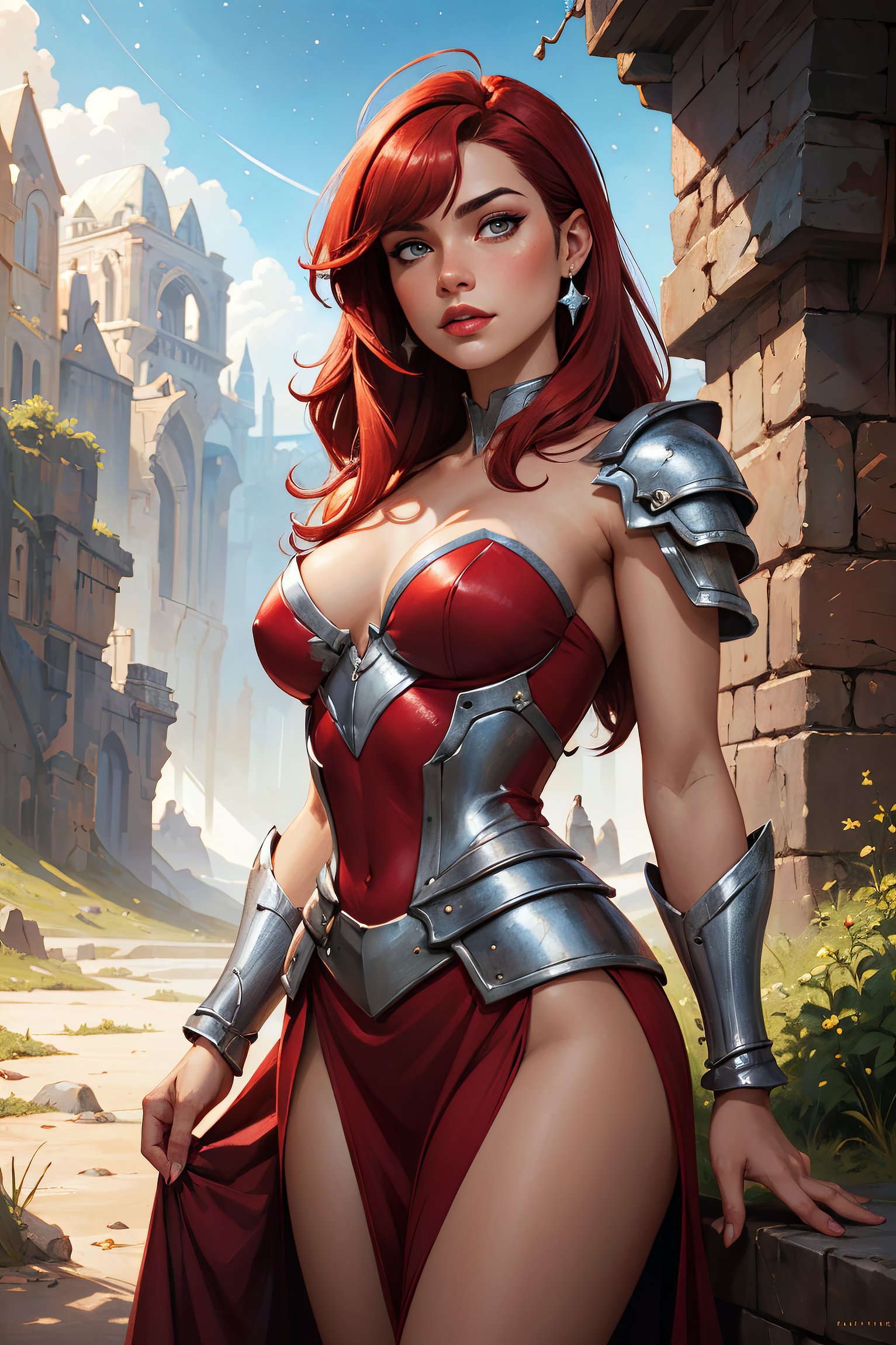 beautiful scarlet haired woman, wearing armored strapless crimson dress with silver details, makeup, detailed eyes, beautiful, long straight hair, bangs, jewelry, highly detailed, masterpiece, art by artgerm, by greg rutkowski, by ed blinkey, oil painting, vivid colors, outdoors, fantasy landscape, [starry sky : 10]