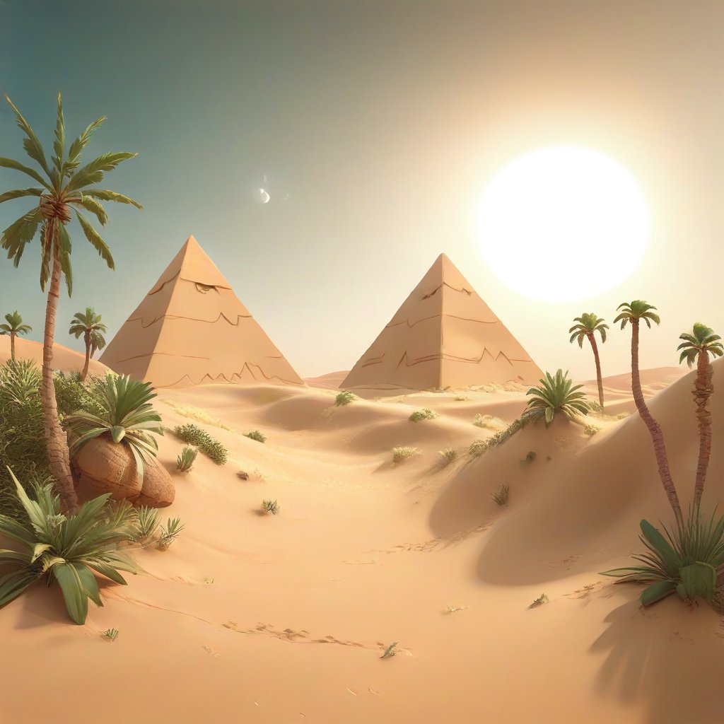 Desert Oasis: Sandy dunes, palm trees, shimmering mirages, nomadic traders, ancient pyramids, scorching sun., micro, depth of field, cinematic, color grading <lora:RealisticCartoon_0.2:1> 