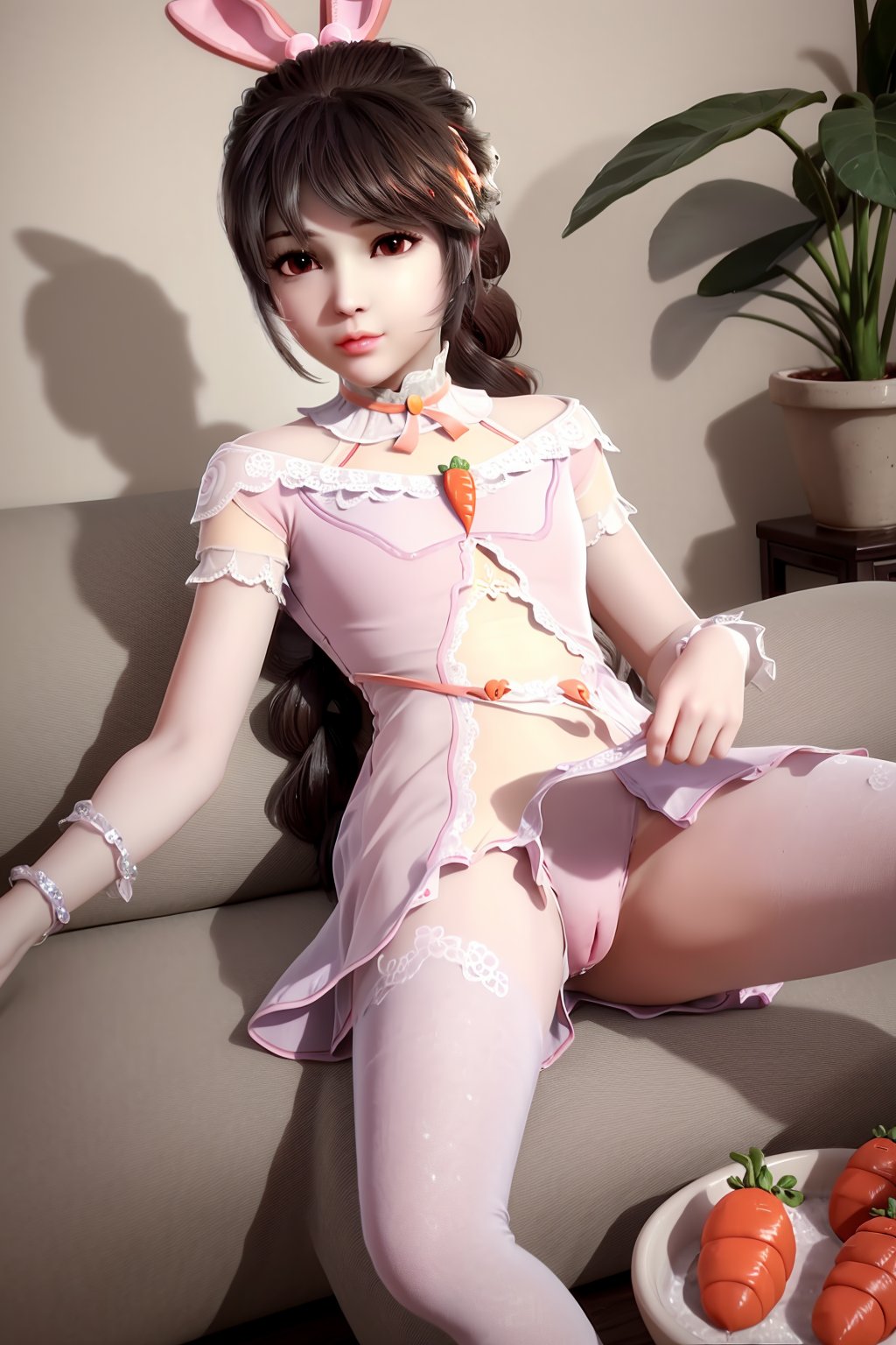 lying, on_back, lie_supine, flat, spread_legs, dress, chinese_clothes, long_sleeves, barefoot, looking_at_viewer, (scenery,  east_asian_architecture, potted_plant,  plant),1girl, solo, (carrot, animal_ears,  rabbit_ears), (brown_hair, black_hair), long_hair, hair_ornament, braid, jewelry,  (white_legwear),fingernails, nail_polish, makeup,photo_\(medium\),(8k, RAW photo, best_quality), (masterpiece:1.2),(realistic:1.2), (photorealistic:1.3),(ultra-detailed),(extremely_detailed_cg_8k_wallpaper),(crystal_texture_skin:1.3), (shiny:1.2),(shiny_skin:1.4),(extremely_delicate_and_beautiful),<lora:syqiangk_重置_小舞_幼女版_5.2:0.8>,