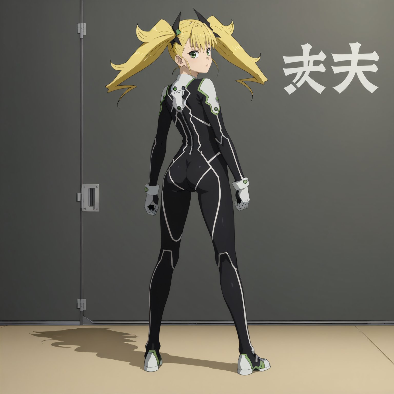 <lora:KikoruShinomiyaXLpony001>,solo,KikoruShinomiya,1girl,blonde hair,twintails,green eyes,body suit,full body,standing,looking back,