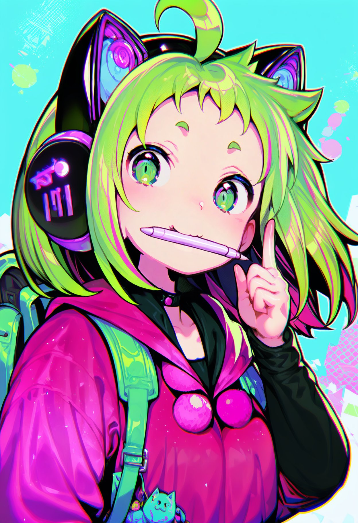 score_9, score_8_up, score_7_up, score_6_up, <lora:GyokaiXL_P6_lokr_V53P1E1:0.95> 1girl, animal ear headphones, solo, cat ear headphones, fake animal ears, green hair, animal ears, headphones, green eyes, hood, long sleeves, looking at viewer, upper body, pink hoodie, ahoge, backpack, hood down, bag, cat ears, hoodie, mouth hold, index finger raised, hand up, pen