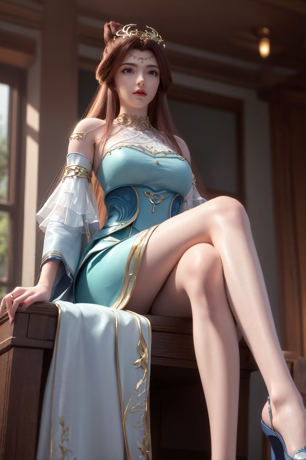 masterpiece,(best quality),official art,extremely detailed cg 8k wallpaper,(extremely delicate and beautiful),solo,realistic,photo_\(medium\),(from below,crossed legs:1.1),cowboy shot,1girl,chinese clothes,gown,bare shoulders,metal collar,chain,solo,brown hair,long hair,gown,jewelry,bracelet,detached sleeves,hair ornament,see-through,<lora:lingyun_v2.1:0.7>,