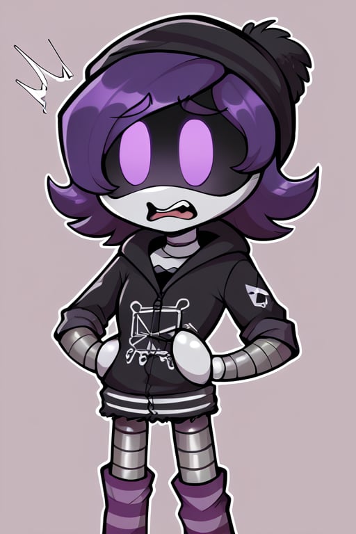 2D, score_9, score_8_up, score_7_up, BREAK, 1girl, solo,Uzi, Purple Hair, Purple Eyes, Robot, Visor, Black Hoodie, Beanie, Striped Socks, shocked<lora:EMS-470427-EMS:1.000000>