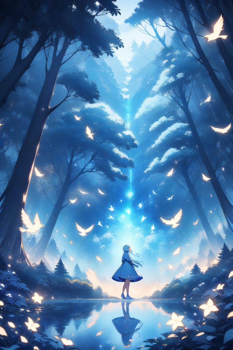 1girl,cocoart,wide shot,glowing,blue,tree,bird