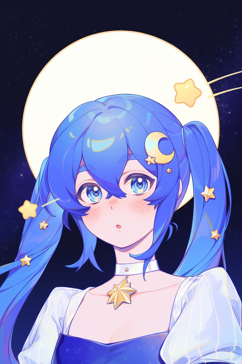 @tbst,  A digital illustration of a young woman with long blue hair,  styled in twin tails with small star-shaped clips. S...