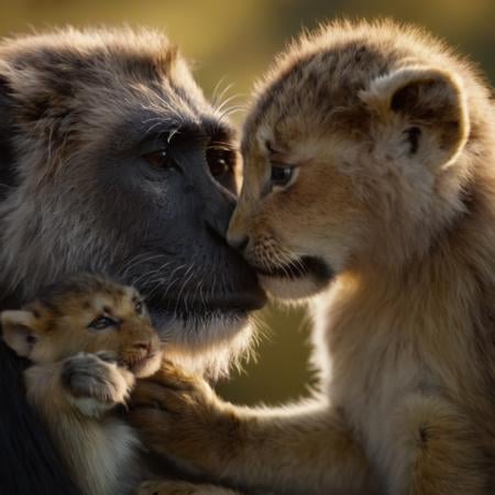 cinematic film still of In the African jungle a monkey holding a lion cub up to its face,  realistic,  realism by user_720...