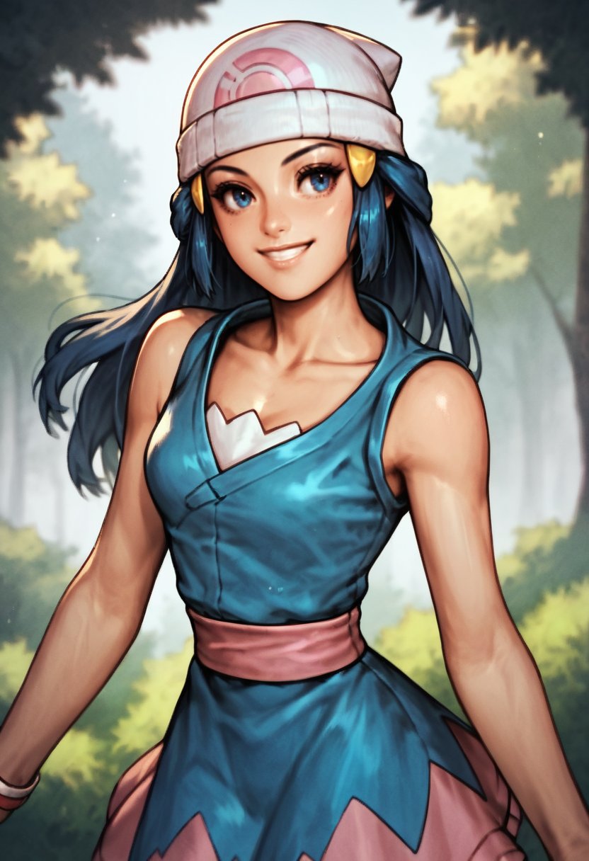 (score_9,score_8_up,score_7_up), waist up, blurry background trees, dynamic pose, dawn_(pokemon), pokemon, 1girl, blue_eyes, blue_hair, shiny skin,  standing, waist up, smiling, <lora:shinkiro:0.9> shinkiro, beanie, pink skirt,blue dress 