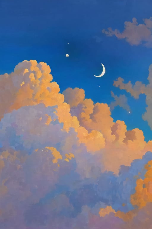 (best quality),(masterpiece),(ultra-detailed),illustration,8k wallpaper,best illustration,acrylic painting,cloud,sky,crescent moon,no humans,moon,outdoors,scenery,blue sky,day,contrail,shooting star,cloudy sky,<lora:acrylic_painting-000014:1>,