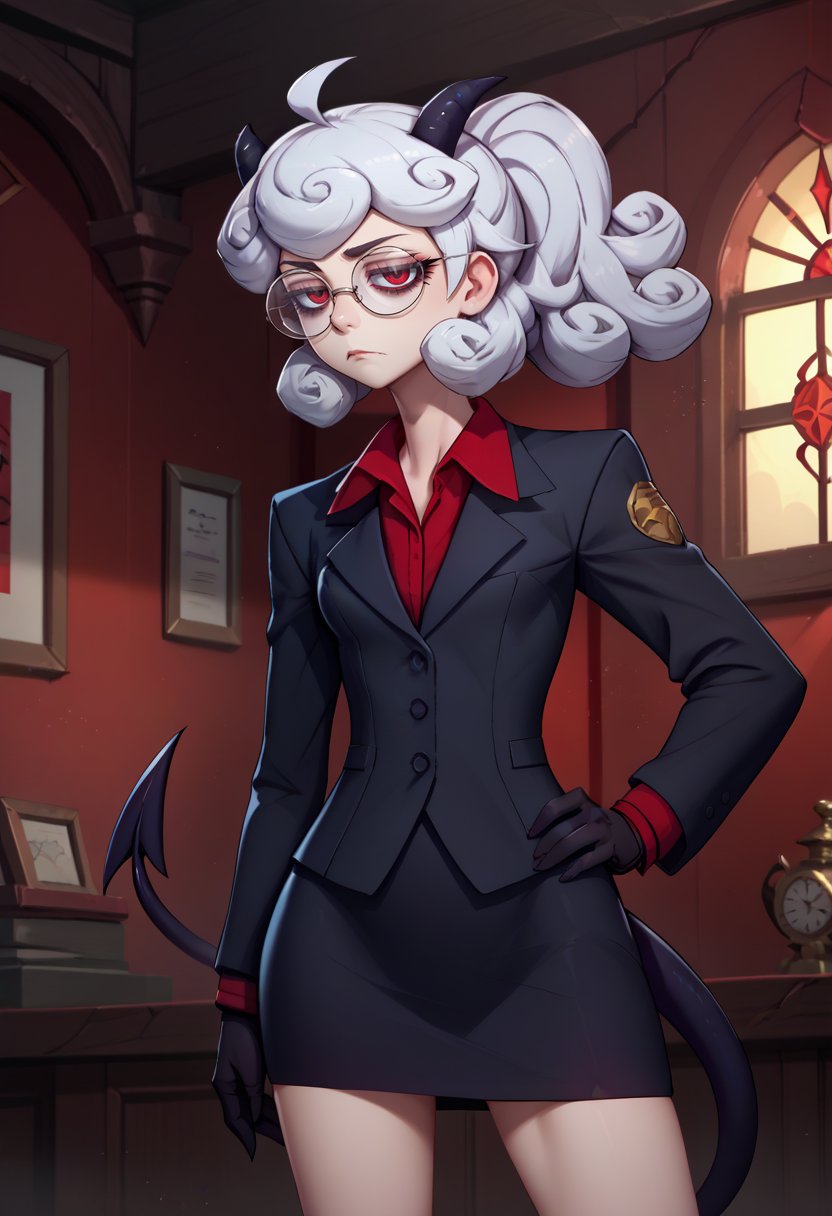 score_9, score_8_up, score_7_up, source_anime, solo, 1girl, htpandemonica, tired, looking at viewer, expressionless, standing, hand on own hip, curly hair, ahoge, ponytail, demon horns, round eyewear, glasses, formal, suit, black jacket, long sleeves, red shirt, black gloves, black skirt, demon tail, indoors <lora:helltaker_pandemonica_ponyXL:1>