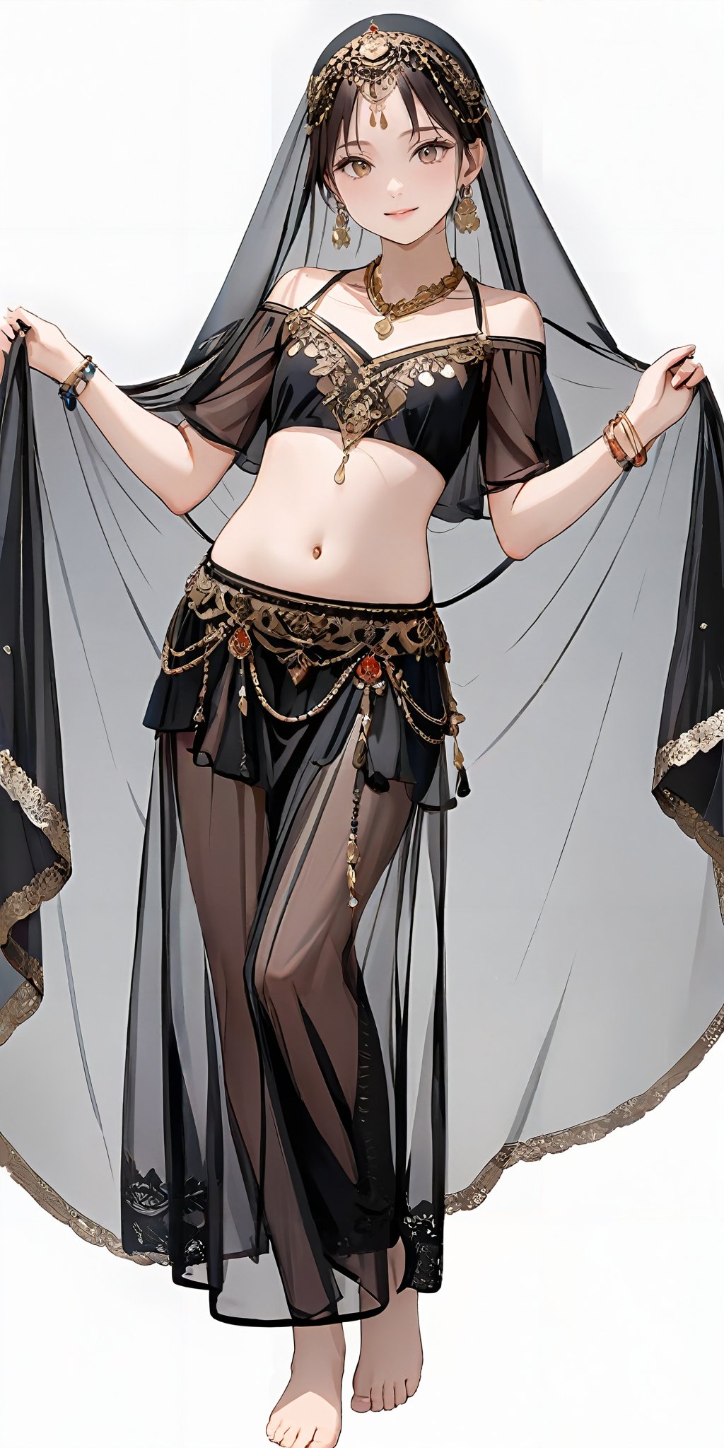 masterpiece,ultra-detailed,best quality,,8K,illustration,simple background,girl,cowboy shot,cute face,<lora:add-detail-xl:1> <lora:berry dance_XL_V1.0:0.4> jyojifuku, veil, bracelet, earrings, necklace, see-through,navel,barefoot