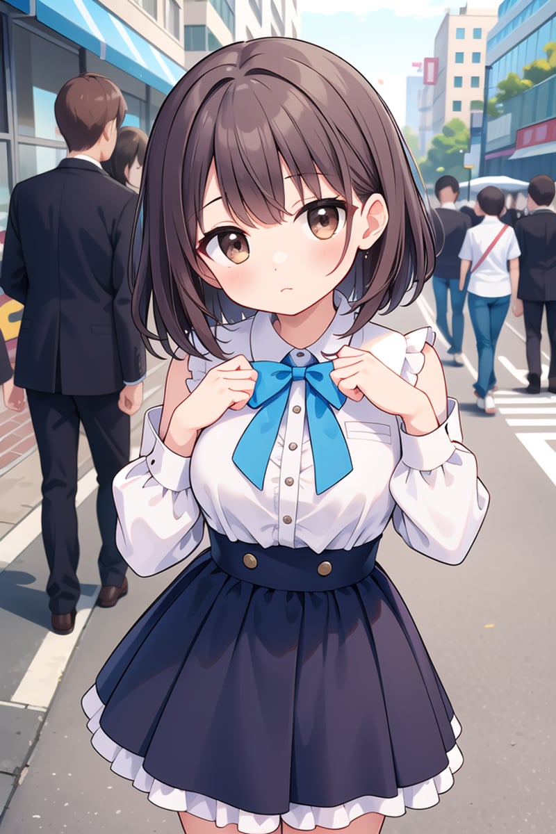 insanely detailed, absurdres, ultra-highres, ultra-detailed, best quality,1girl, solo, nice hands, perfect handsBREAKjirai kei,plaid skirt, shirt, long sleeves, bow, blue skirt, white shoulder frilly shirt, outdoors, blue bow, long hairBREAK(nsfw:-1.5)BREAKexpressionless, closed mouthBREAK45 angle,cute pose, cowboy shot, looking at viewerBREAKslender, kawaii, perfect symmetrical face, ultra cute girl, ultra cute face, ultra detailed eyes, ultra detailed hair, ultra cute, ultra beautifulBREAKin street, cityscape in tokyo, depth of field, ultra detailed backgroundBREAKlarge breastsBREAK(brown hair, brown eyes:1.2), very short hair,