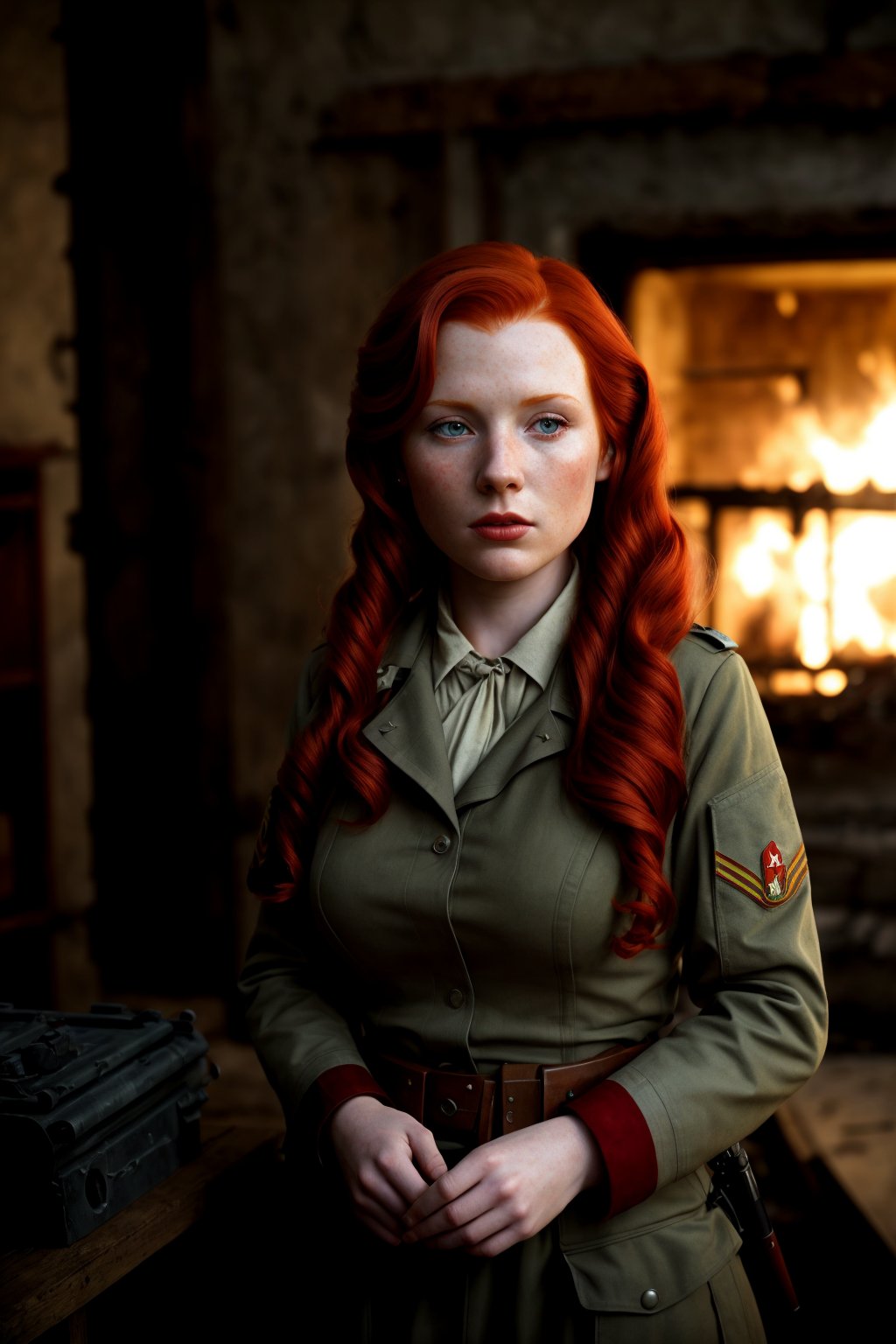 Wide angle photorealistic shot, (Enchanting redhead in wartime drama:1.3), Detailed conflict chaos, Real-Time Ray Tracing lighting, Volumetric shadows, Exceptional photorealism, (Intense war ambiance:1.2), Raw photography quality, Highly detailed protagonist, Emotional depth, Raw imagery at the highest quality