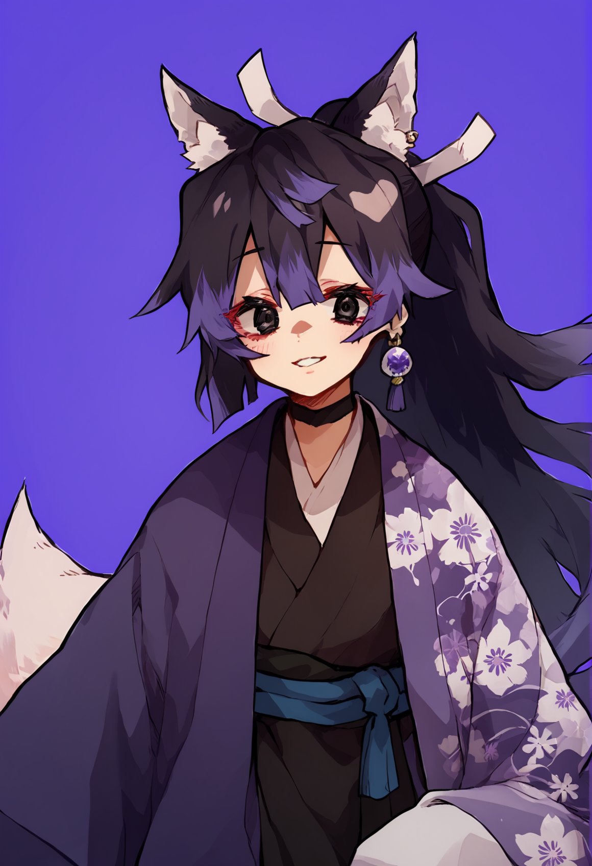 (score_9), score_8_up, score_7_up, zPDXL, FoxDemon, 1girl, black hair, two-tone hair, ponytail, black eyes, earring, fox tail, white tail, ((fox ears)), <lora:Fox_Demon_Girl_XL_Pony_SingleShot:1>, purple mantle, oversized clothes, floral print, layered clothes, black kimono, sleeves past fingers, purple background, smile, looking at viewer, rimukoro, <lora:Rimukoro_Style_XL_Pony-11:1>