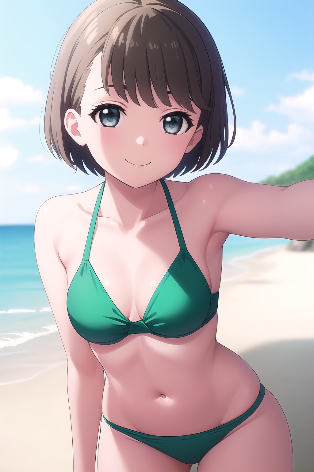 (masterpiece, best quality), highly detailed background, perfect lightingbest quality, onomami, solo, outdoors, beach, brown hair, swept bangs, short hair, grey eyes, medium breasts, green bikini, swimsuit, smile, closed mouth, :), <lora:Ono-Mami:0.7>