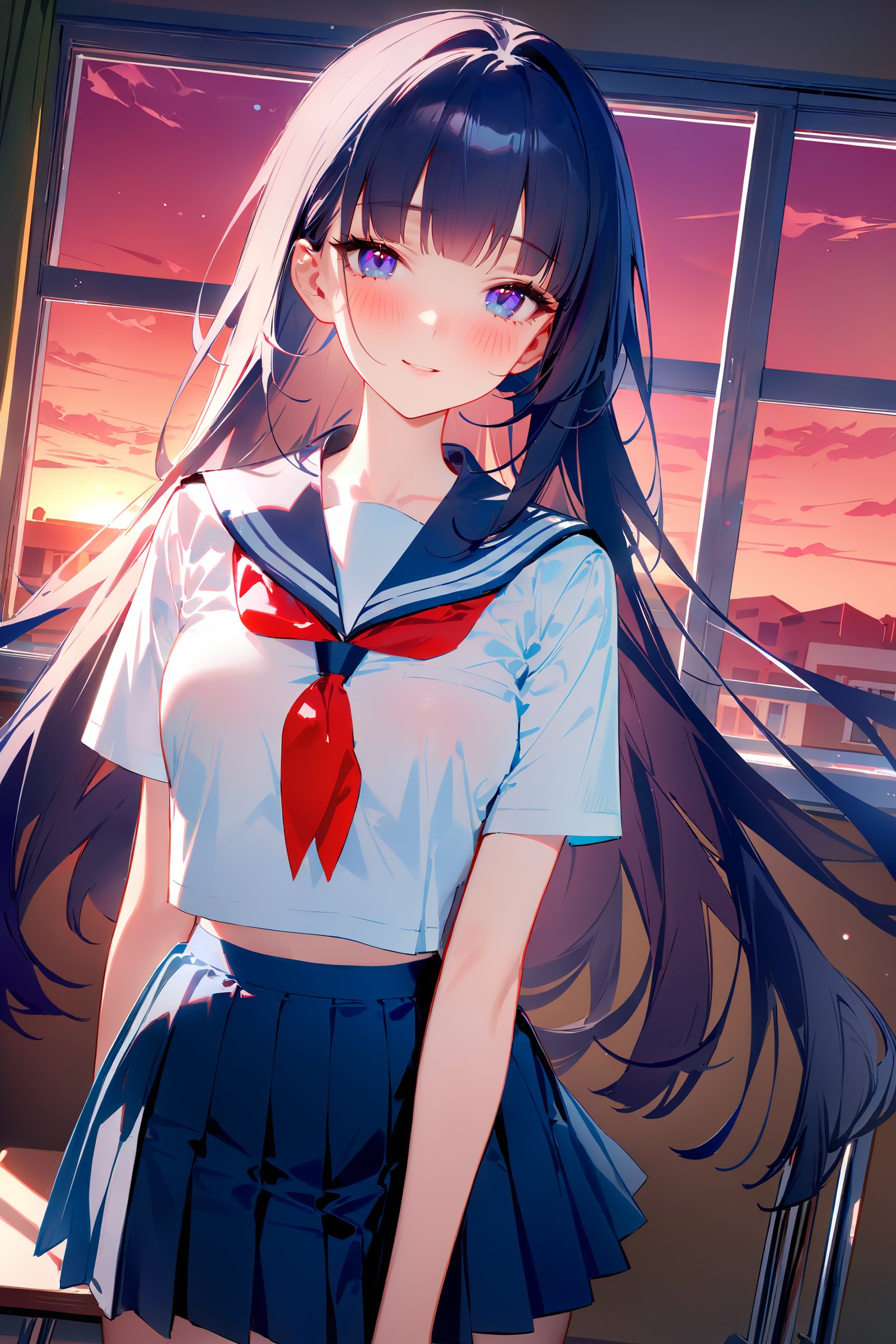 masterpiece, best quality, very aesthetic, ray tracing, newest,(hitenkei, askzy:0.5), 1girl, raiden mei, school uniform, serafuku, cowboy shot, backlighting, sunbeam, sunset, classroom, indoors, window, light smile, blush, looking at viewer, facing viewer  <lora:Char-Honkai-Raiden_Mei-XL-V1:0.9>