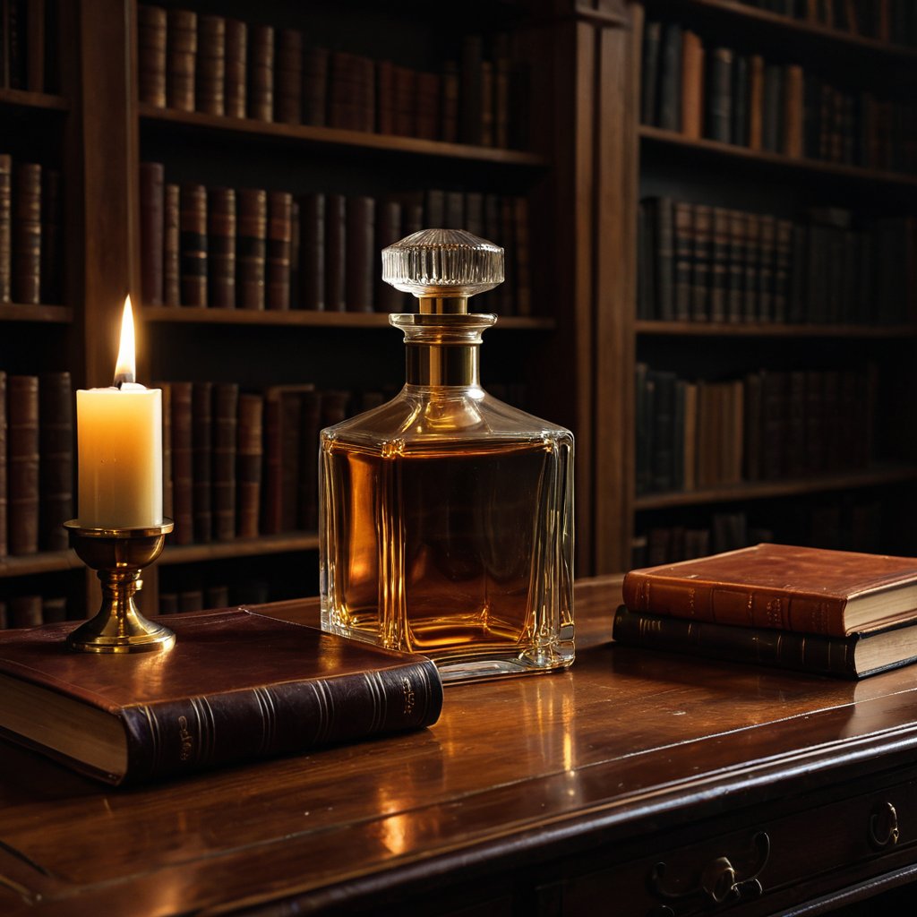 a glass perfume bottle on an old wooden library desk with leather books and brass,  warm candlelight glow,  moody scholarl...