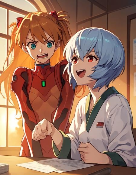 score_9,  score_8_up, score_7_up, source_anime, <lora:confetti-extract-ponyxl:0.6> 2girls, arguing, sunset, table, window, cinematic lighting BREAKsouryuu asuka langley, angry, open mouth BREAKayanami rei, blue hair, smug