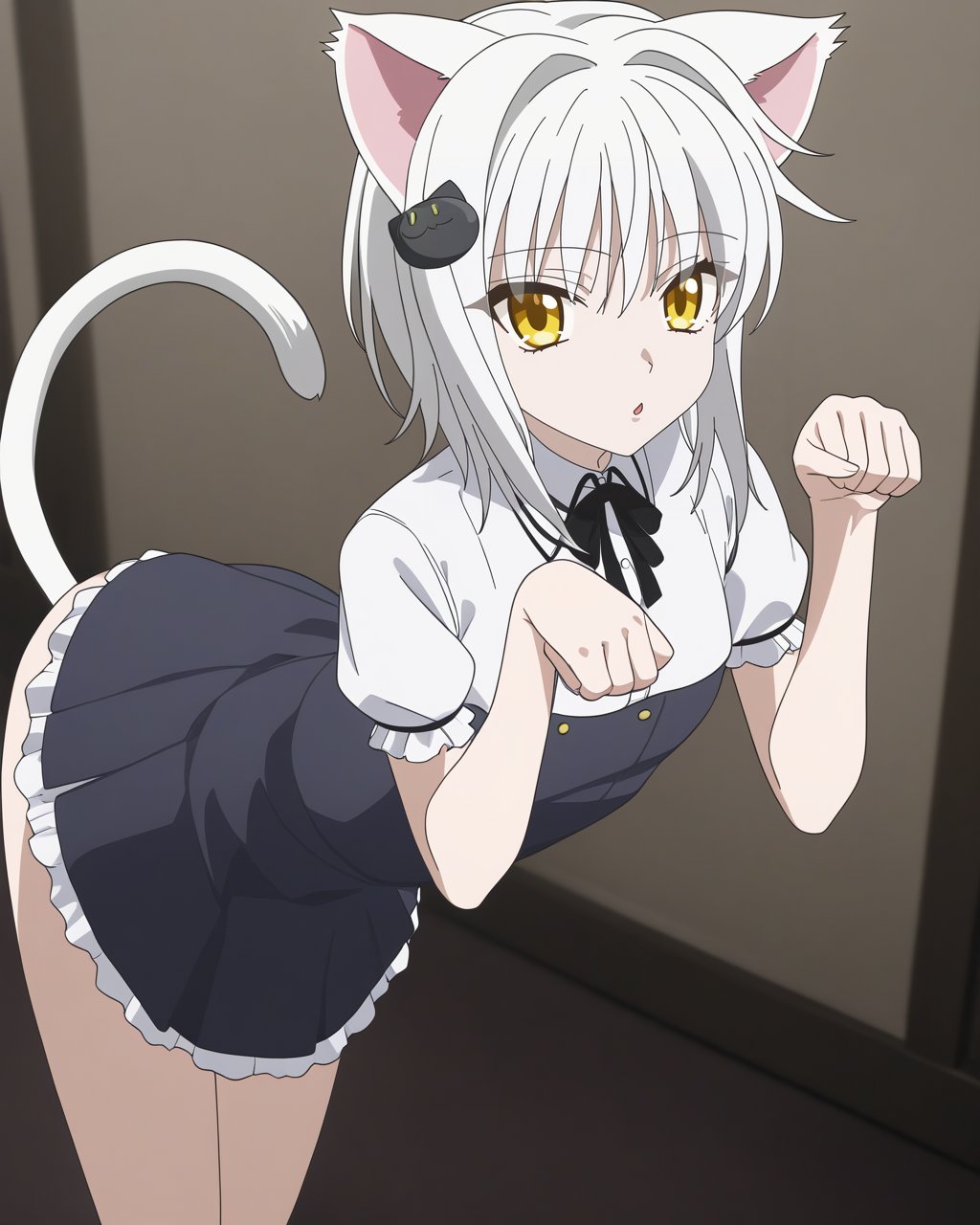 best quality,masterpiece,highres,absurdres,1girl,solo,newest,rating: general,  <lora:Paw_pose_XL:0.7> ,(paw pose,standing),cat ears,tail,<lora:koneko_tojou_XL:0.8> ,(koneko_tojou, hair ornament, white hair, 1girl, short hair, yellow eyes, cat hair ornament,anime coloring)