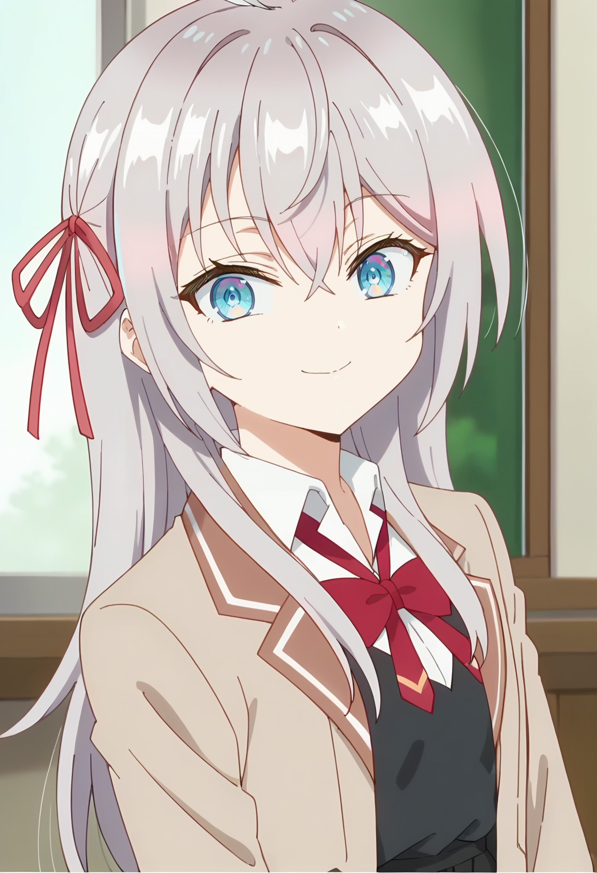 <lora:Alisa Mikhailovna-000013:0.9>  alisa mikhailovna, long hair, 1girl, grey hair, solo, blue eyes, hair between eyes, hair ribbon, red ribbon, crossed bangs, ahoge,    , white shirt, jacket, school uniform, brown jacket, collared shirt, black skirt, white thighhighs,bowtie, looking at viewer, upper body, smile, score_9, score_7_up,anime coloring ,source_anime, anime, anime screencap