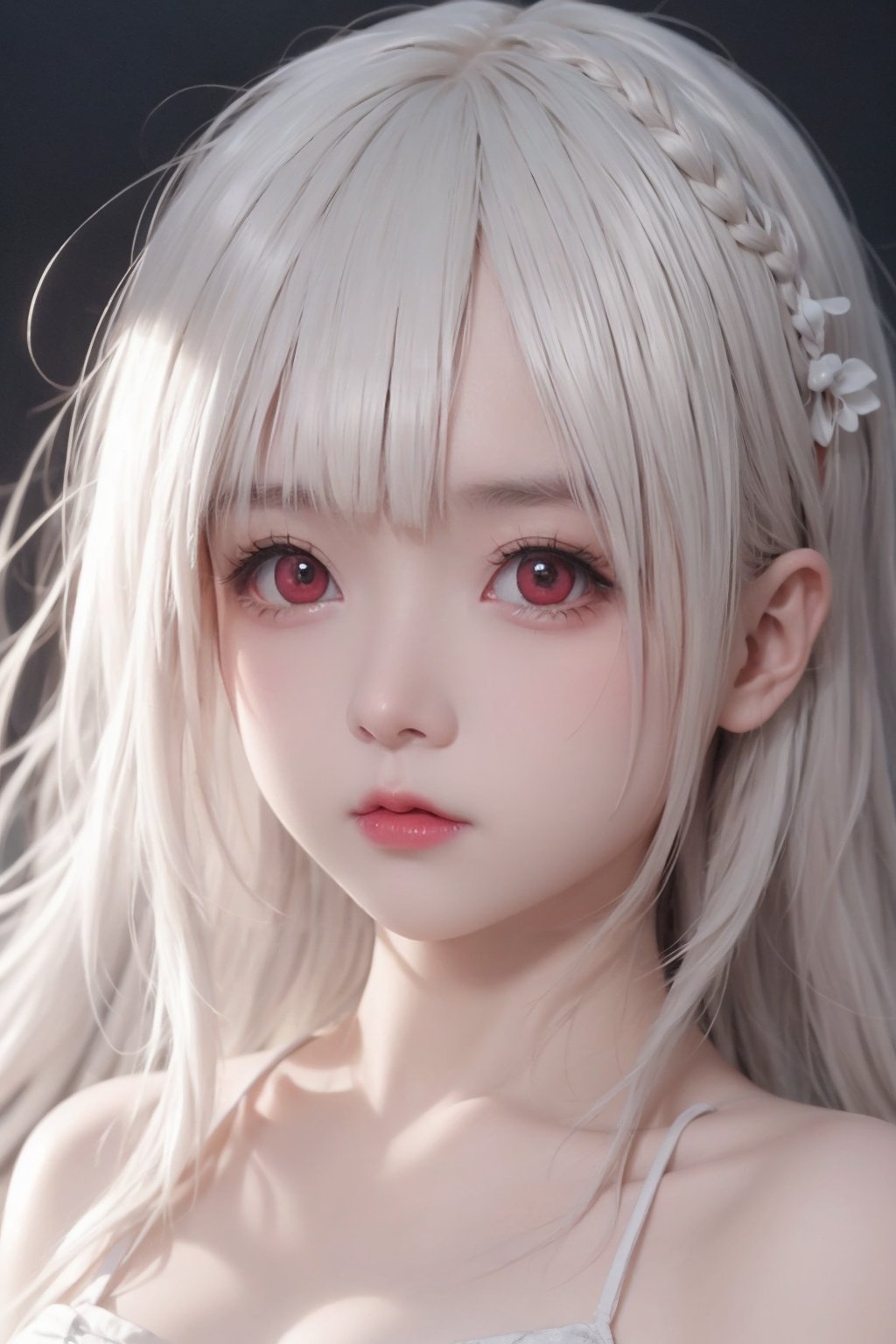 blunt bangs,masterpiece,best quality,best illustration,ultra-detailed,upper body,solo,1 girl,looking at viewer,upright,arms at sides,beautiful detailed eyes,concept art,white background,simple background,white hair,green gradient hair,expressionless,blush,virtual youtuber,short hair,blonde hair,monkren,2.5D,