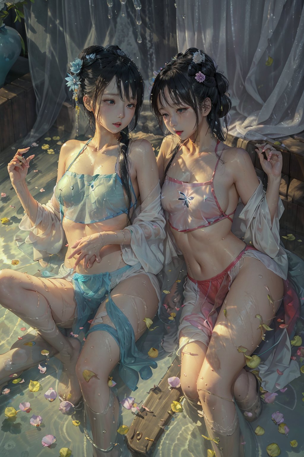 2 girls,hpflower,strapless,in the water,high quality,masterpiece,<lora:Gufeng_Xixi:0.7>,((water drops)),wet clothes,((beautiful detailed water)),((floating)),