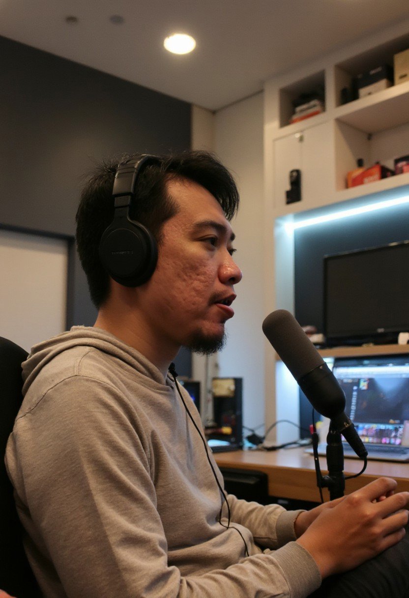 Realistic portrait of a man in his late twenties,  South Asian features,  seated in a modern podcast studio. He’s wearing...