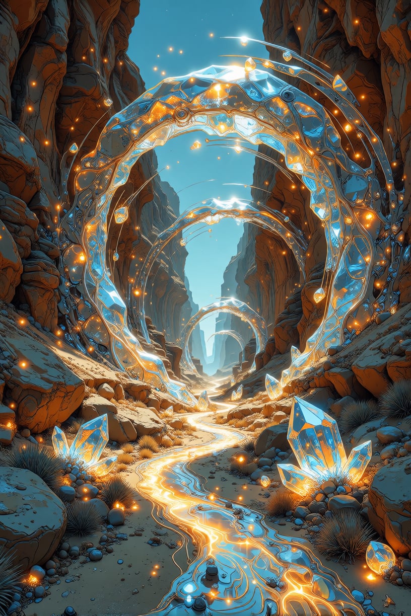 Majestic desert canyon shimmering with hidden crystals,  swirling arcs of sunlight dancing on rocky walls,  YFGFutureBlue...