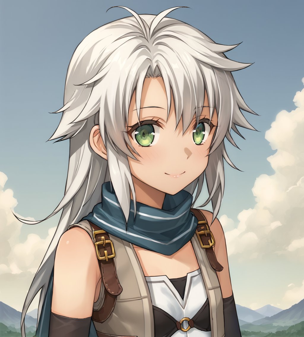 score_9, score_8_up, score_7_up, source_anime, BREAK,<lora:TrailsOfColdSteel-ClassVII:0.9>, Fie Claussell, white hair, long hair, green eyes, small breasts, petite, thin, grey vest, blue scarf, white tube top, grey miniskirt, black thigh boots, garter straps, long gloves, black gloves,BREAK,1girl, solo, happy, looking at viewer, upper body, portrait,BREAK,moshoBREAK,1girl, outdoors, sky, clouds, distant mountains,