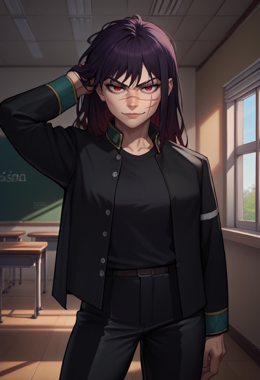 score_9, score_8_up, score_7_up, solo, 1girl, csmyoru, scar on face, smirk, looking at viewer, standing, hand in own hair, red eyes, ringed eyes, furinuniform, black jacket, open jacket, long sleeves, black shirt, black pants, indoors, classroom <lora:attire_furinhighuniform_ponyXL:1> <lora:csm_yoru_ponyXL:1>