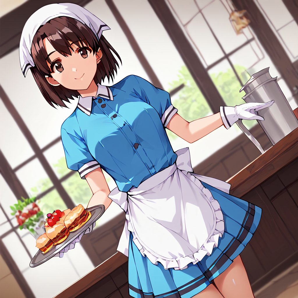 score_9, score_8_up, score_7_up, score_6_up, score_5_up, score_4_up, source_anime,satou nozomi,1girl, solo, smile, apron, blue shirt, blue skirt, frilled apron, frills, gloves, head scarf, shirt, short sleeves, skirt, uniform, waist apron, waitress, white apron, white gloves, food, tray, food tray, indoors, restaurant, looking at viewer, dutch angle,masterpiece, perfect face, best quality, beautiful girl, cute girl, beautiful eyes, shiny eyes, anime coloring, anime screencap, absurdres, award winning, <lora:satou nozomi pony:0.8>