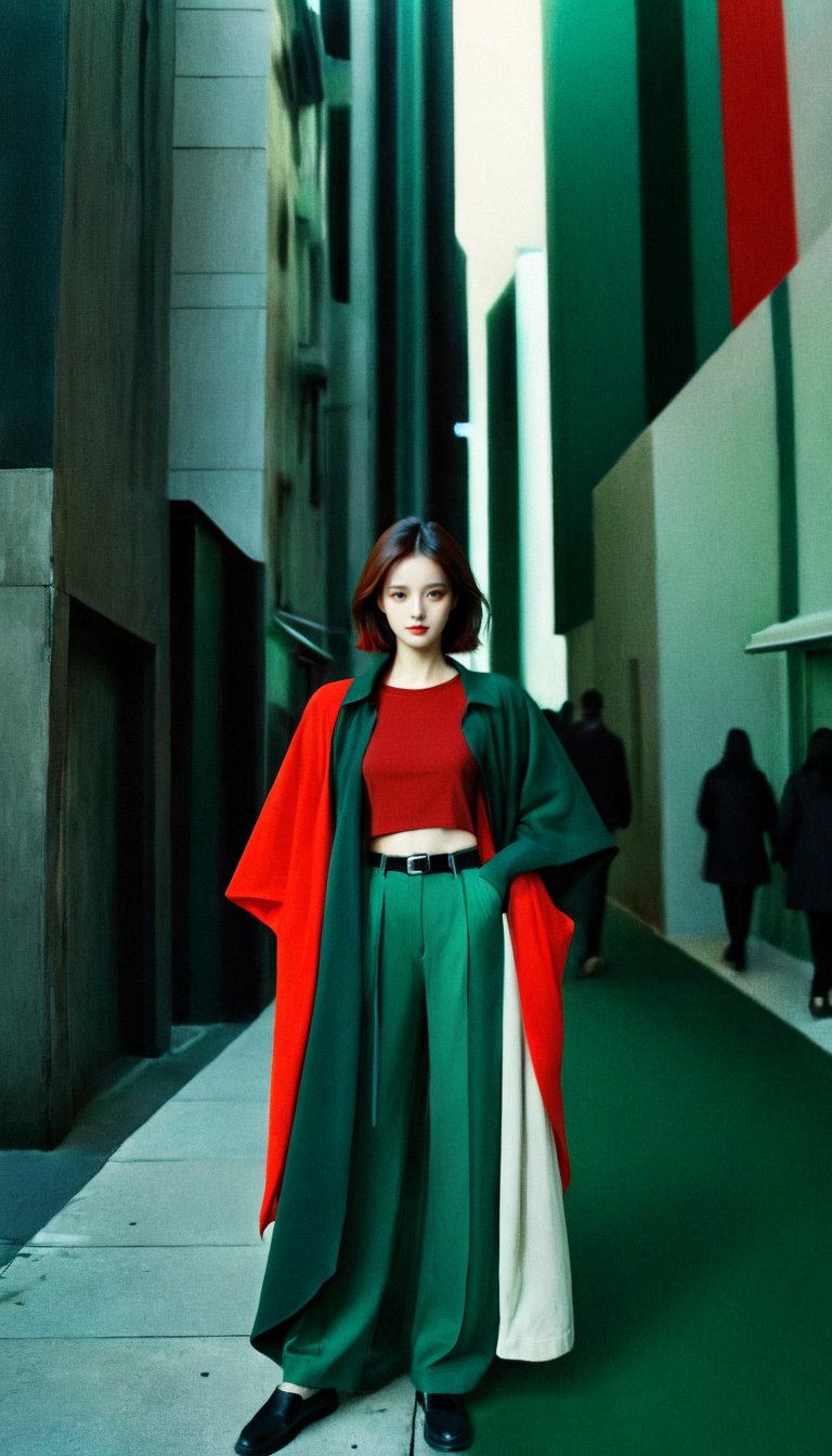 <lora:xl-shanbailing-0112yin_yang:0.75>,(1girl:1.2),(solo:1.2),((left and right different colors)),color patches,contrast,concept clothing,garment draping,city,cityscape,red,darkgreen,