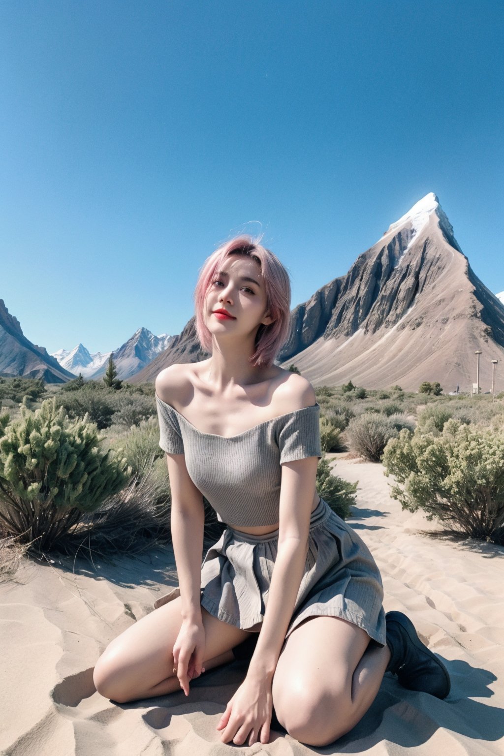 1girl,looking at viewer,solo,blonde hair,pink hair,short hair,multicolored hair,two-tone hair,hair between eyes,green eyes,blush,shirt,blue shirt,striped shirt,collarbone,off-shoulder shirt,short sleeves,skirt,pink skirt,frills,layered skirt,frilled skirt,sandals,<lora:QHMM:0.8>,QHMM_CYQL,(happy,wariza,cowboy_shot,from_below:1.1),beautiful face,beautiful eyes,glossy skin,shiny skin,Glacier,Peaks,Mountains,Ice,Blue,Crevasse,Serenity,Wilderness,Bonsai trees,Moss,Gravel pathways,Raked sand,Tranquility,Meditation,beautiful detailed sky,beautiful detailed glow,posing in front of a colorful and dynamic background,masterpiece,best quality,beautiful and aesthetic,contrapposto,female focus,wallpaper,fashion,