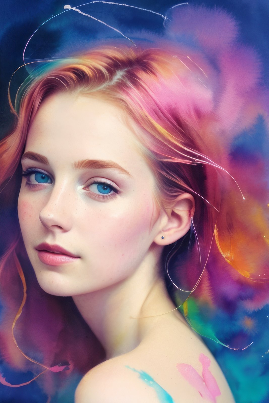 (8k, best quality, masterpiece:1.2),(best quality:1.0), (ultra highres:1.0), watercolor, a beautiful woman, shoulder, hair ribbons, by agnes cecile, half body portrait, extremely luminous bright design, pastel colors, (ink:1.3), autumn lights