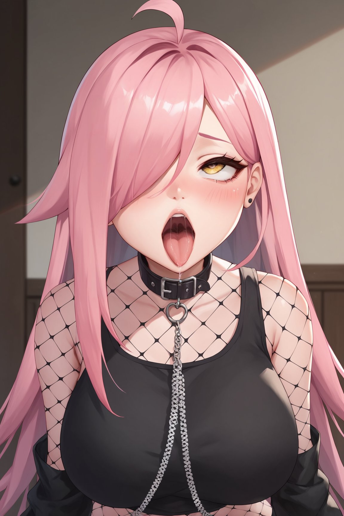 score_9, score_8_up, score_7_up, score_6_up, score_5_up, score_4_up, NeneEfthyVTXL, yellow eyes, hair covering one eye, long hair, pink hair, ahoge, collar,  black pads sleeves, collar with chain, black crop top, mesh, big breasts, all fours, (portrait shot, upper body:1.2), ahegao, rolling eyes, naughty face, blush, open mouth, tongue out, saliva, indoors, room <lora:NeneEfthyVTXL:0.7>