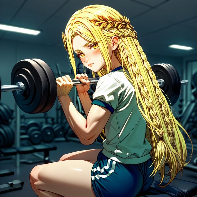 score_9,score_8_up,score_7_up,perfect anatomy,source_anime,zPDXL2,<lora:miqeulla:1>,miquella,1boy,solo focus,solo,blonde hair,crown braid,multiple braids,yellow eyes,gym uniform,hair flowing over,gold armlet,laurel crown,long blonde eyelashes, depth of field, from side, looking back, looking at viewer,blush,closed mouth,weightlifting, sitting on gym bench, gym, indoors, 