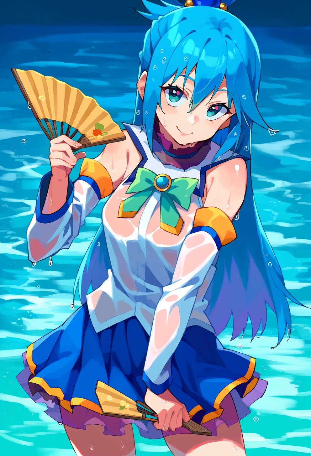 score_9, score_8_up, score_7_up, score_6_up, source anime, BREAK <lora:konosuba_aqua:0.8> auqapnxl, aqua \(konosuba\), 1girl, hand fan, solo, long hair, water, folding fan, smile, looking at viewer, holding fan, bare shoulders, cowboy shot, see-through, water, wet