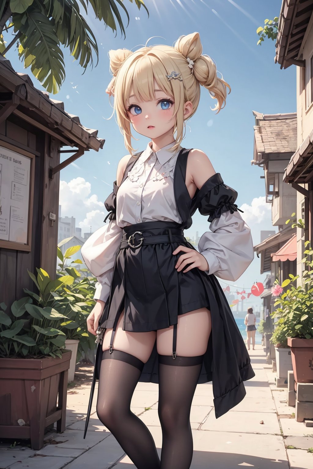 blue eyes,1girl,long hair,solo,double bun,full  body,detached sleeves,blonde hair,hair ornament,long sword,Knightly Sword,weaponry,blond hair,city,cityscape,east sian architecture,palm tree,architecture,scenery,skyscraper,thighhighs,depth of field,day,potted plant,blurry,bridge,watercraft,water,cloud,sky,town,ocean,plant,outdoors,(sunlight:1.5),fantasy,Super Quality,Vaporwave,dreamy,Visual effects:movie lights,[[red , blue , green , yellow , black , white , pink , purple , cowboy shot , ((colorful)) , ink and wash painting , ((chromatic aberration))]],(extremely detailed CG unity 8k wallpaper , （masterpiece:1.4） , best quality:1.1 , ultra-detailed , best shadow),High contrast,(ultra-detailed),vibrant colors,perfect detail,(best lighting),(super complex details),