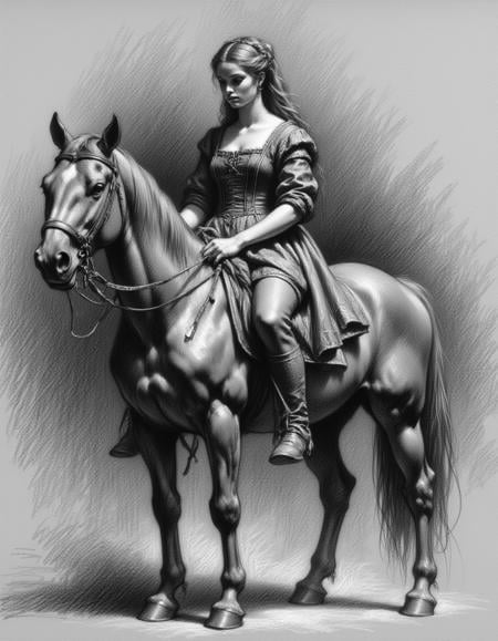 B&W Renaissance study work , a woman in an  horse      <lora:Renaissance_study_works:0.8>