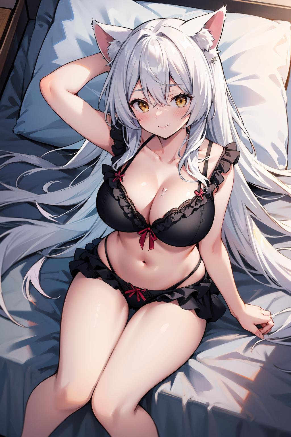 masterpiece, best quality, <lora:blkhanekawa-nvwls-v1-000009:0.9> blkhanekawa, very long hair, cat ears, slit pupils, large breasts, frilled bra, frills, frilled panties, bed, from above, smile, looking at viewer, furrowed brow